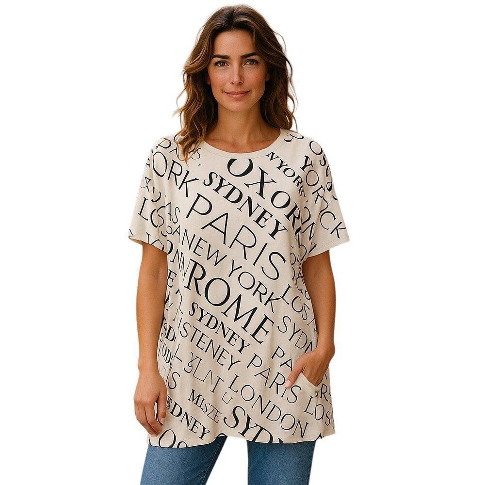 LuLaRoe White All Over City Text Print Top